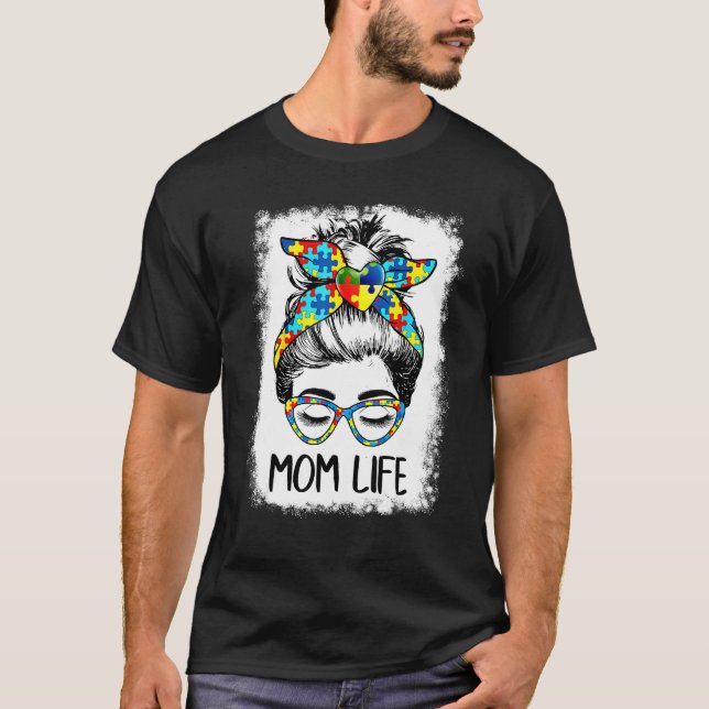 Camiseta A Vida De Mãe Consciente Do Autismo Bleached Mam (Frente)