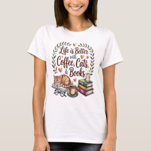 Camiseta A Vida é Melhor com Café Gatos Livros