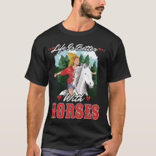 Camiseta A Vida É Melhor Com Cavalos Crianças Meninas Monta