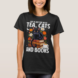 Camiseta A vida é melhor com chá gatos e livros gato engraç