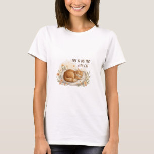Camiseta A vida é melhor com gato - Design de Cochilo Flora