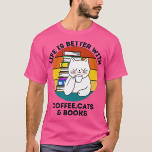 Camiseta A Vida É Melhor Com Gatos De Café E Livros Retro V