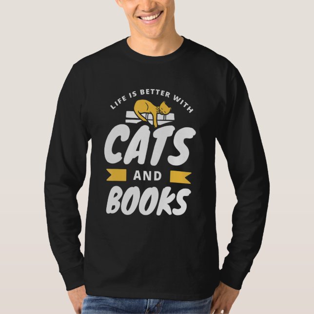 Camiseta A Vida É Melhor Com Gatos E Livros (Frente)