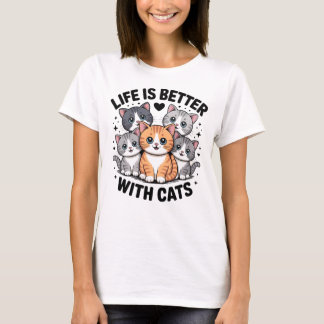 Camiseta "A Vida é Melhor Com Gatos" Kitten Cartoon Fofo G