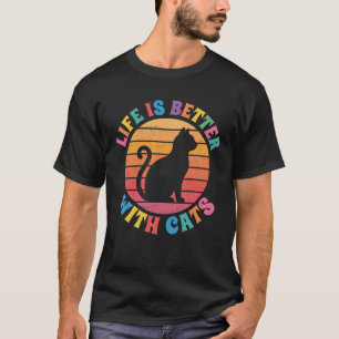Camiseta A Vida É Melhor Com Gatos Retro Pôr do Sol Amante