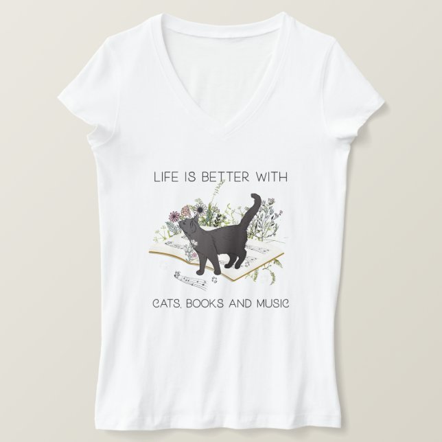 Camiseta A vida é melhor com livros de gatos e música (Frente do Design)