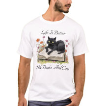 Camiseta - A Vida é Melhor com Livros e Gatos