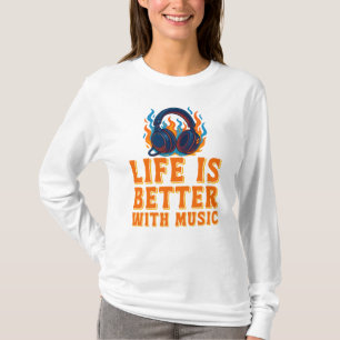 Camiseta A Vida É Melhor Com Música, Gráfico de Fones de Ou
