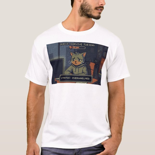 Camiseta A Vida é Modo Difícil – Gato Pixel de Baixo HP (Frente)