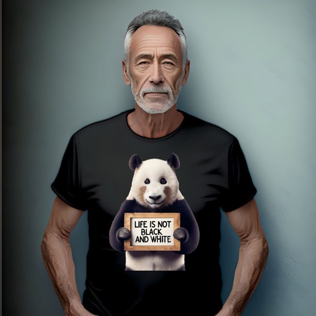 Camiseta A vida não é negra e branca (Older man wearing a black t-shirt with a panda bear holing a sign on the front)