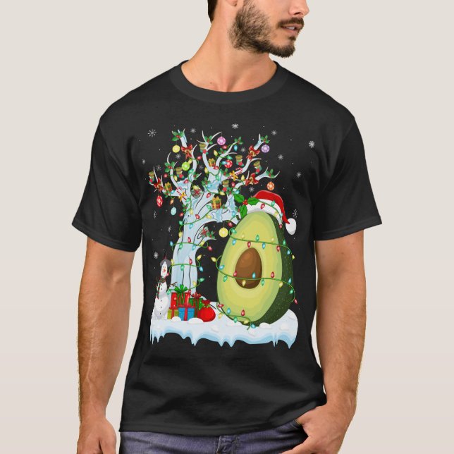 Camiseta Abacate Fruta Xmas Tree Lighting Santa Hat Avocado (Frente)