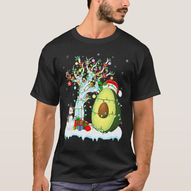 Camiseta Abacate Fruta Xmas Tree Lighting Santa Hat Avocado (Frente)