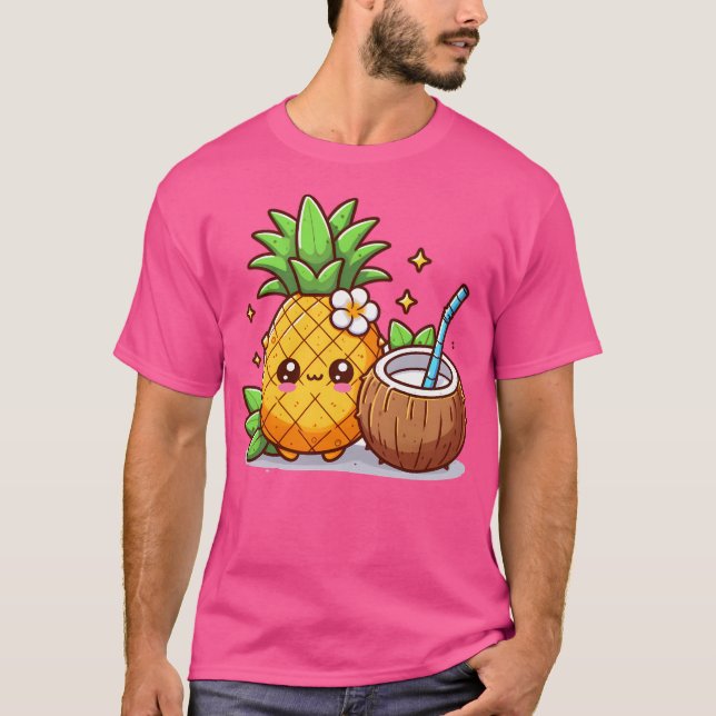 Camiseta Abacaxi Kawaii Com Bebendo De Coco Wat (Frente)