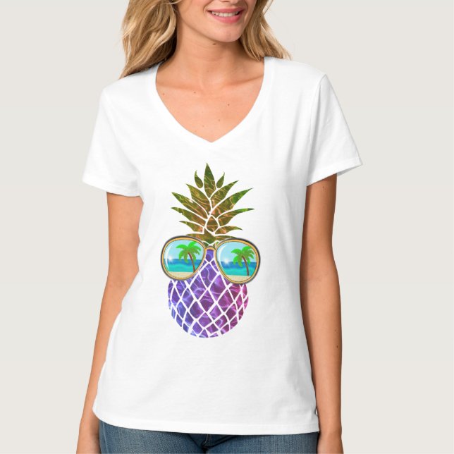 Camiseta Abacaxi rosa roxo tropical (Frente)