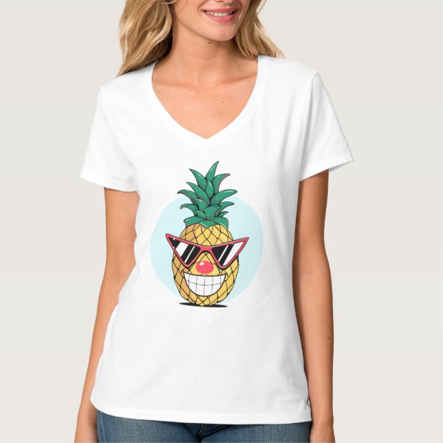 Camiseta Abacaxi sorridente usando óculos de sol e nariz de (Frente)