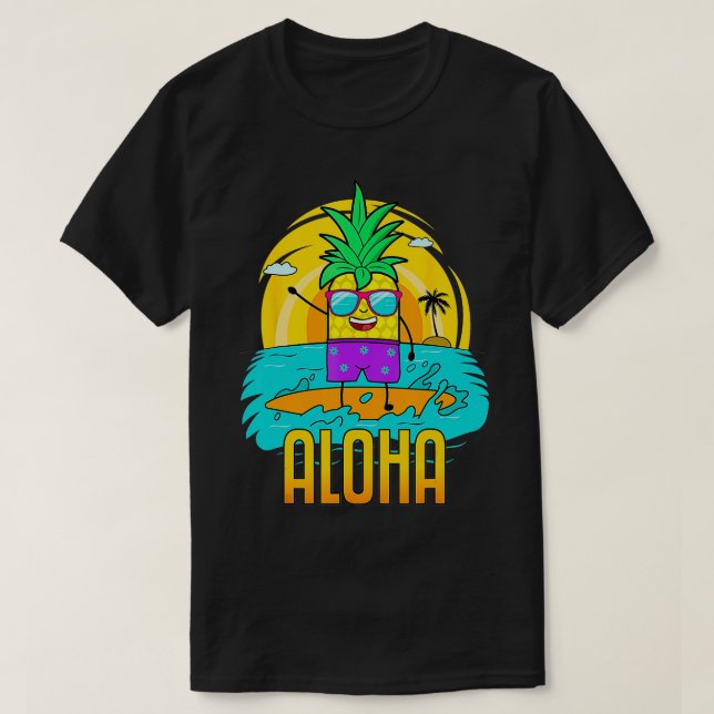 Camiseta Abacaxi Surfing Aloha Beach Hawaiai Kids Engraçado (Frente do Design)