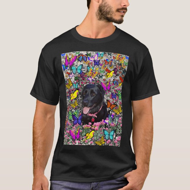 Camiseta Abby nas borboletas - cão preto do laboratório (Frente)