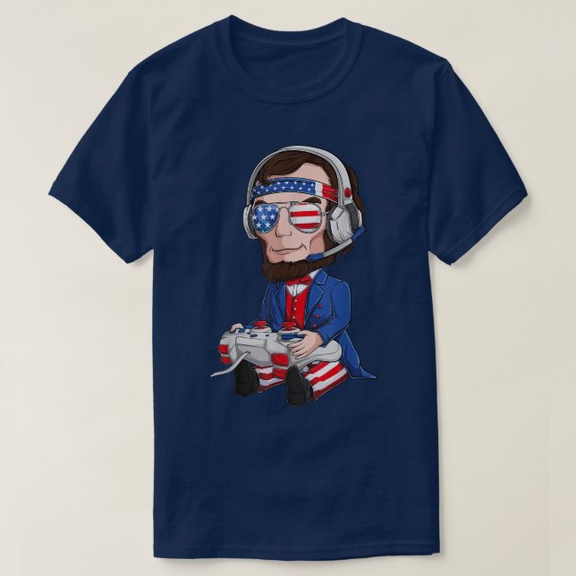 Camiseta Abe Abraham Lincoln Gamer 4 De Julho USA Flag Kid (Frente do Design)
