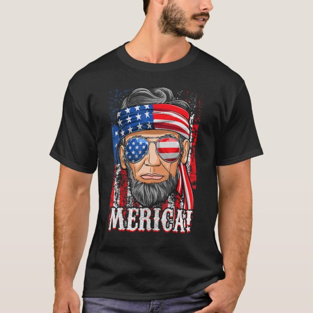 Camiseta Abe Lincoln Merica - Bandeira Americana 4 De Julho (Frente)