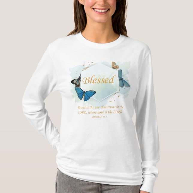 Camiseta Abençoada - Borboleta de Fé Cristã das Mulheres Ve (Frente)