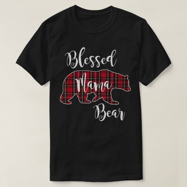 Camiseta Abençoada Mãe Ursa Vermelha Tartan Padrão de Xadre (Frente do Design)