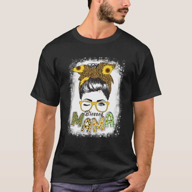 Camiseta Abençoada Mama Trendy Leopard Messy Bun Bleached M (Frente)