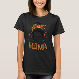 Camiseta Abençoada Mamãe Legal Leopard Messy Bun Folhas Cae