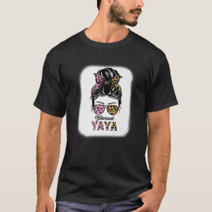 Camiseta Abençoada Yaya Leopard Messy Bun Yaya Dia de as mã
