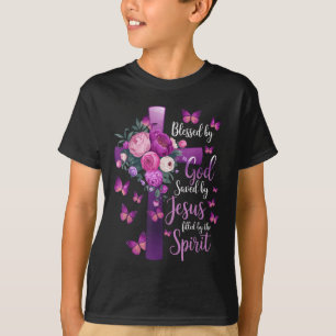 Camiseta Abençoado Por Deus Salvo Pela Cruz Floral Roxal De