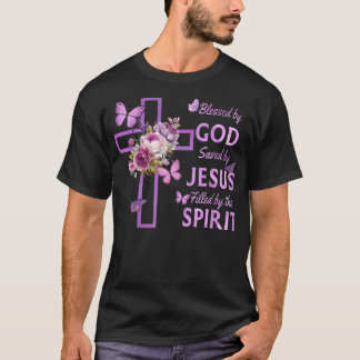 Camiseta Abençoado Por Deus Salvo Pela Cruz Floral Roxal De