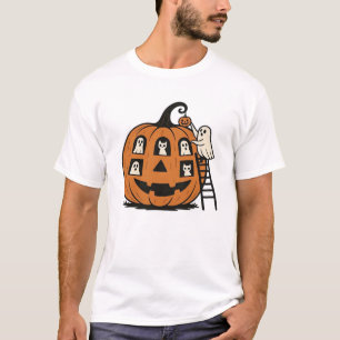 Camiseta Abóbora Assustadora Caprichosa com Fantasmas, Gato