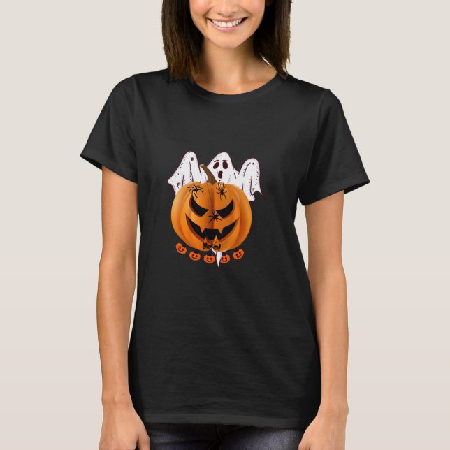 Camiseta Abóbora Assustadora de Halloween com Fantasma e De (Frente)