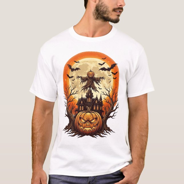 Camiseta Abóbora Assustadora Espantalho Casa Assombrada Lua (Frente)