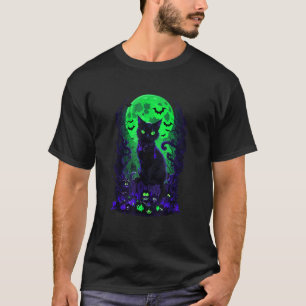 Camiseta Abóbora Bomba de Gato Preto de Halloween Lua Verde