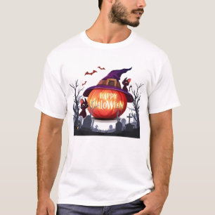 Camiseta Abóbora-bruxa, Chapéu-bruxa e Gatos Negros