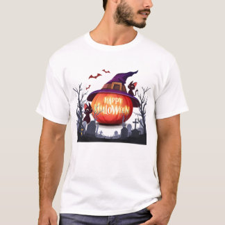 Camiseta Abóbora-bruxa, Chapéu-bruxa e Gatos Negros