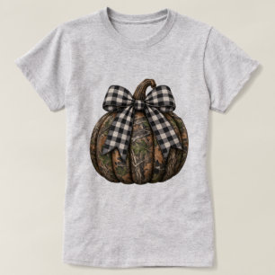 Camiseta Abóbora Camo com Laço Xadrez Fofo Outono