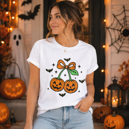 Camiseta Abóbora Cerejas Arco Morcegos de Halloween Gráfico