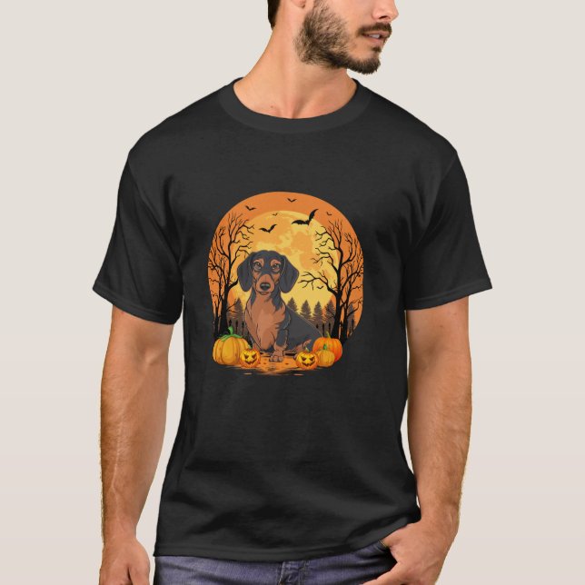 Camiseta Abóbora Com Cão De Dachshund De Dia de as Bruxas e (Frente)