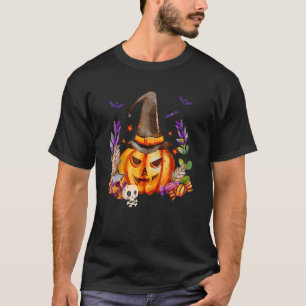 Camiseta Abóbora Com Caveira Chapéu De Bruxa E Morcegos Hal