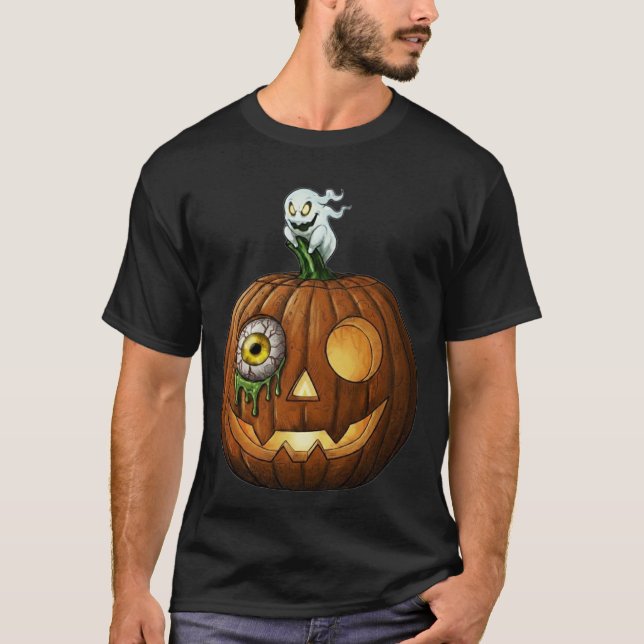 Camiseta Abóbora com Fantasma Assombrado e Olho Pingando (Frente)