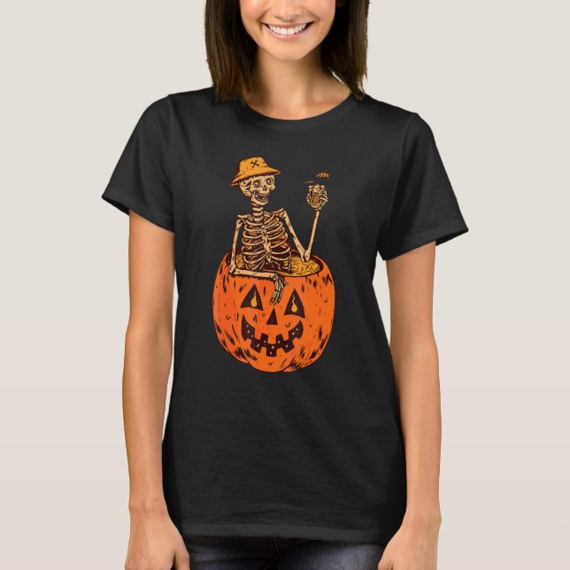 Camiseta Abóbora de Bruxa Sorridente de Esqueleto Bebida de (Frente)