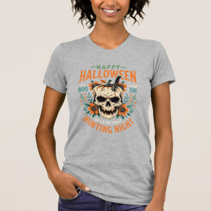 Camiseta Abóbora de Caveira de Halloween Caça Noturna Desig