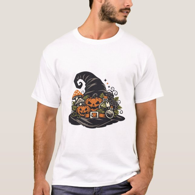 Camiseta Abóbora de Chapéu de Bruxa Halloween (Frente)
