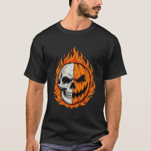 Camiseta Abóbora de Crânio Flamejante de Halloween com Dese