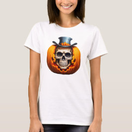 Camiseta Abóbora de Esqueleto Assustador Chapéu Alto Ossos