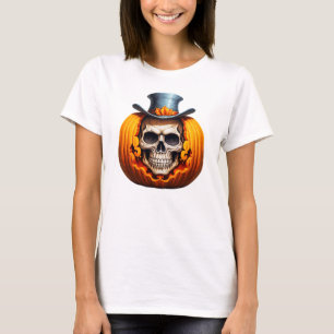 Camiseta Abóbora de Esqueleto Assustador Chapéu Alto Ossos