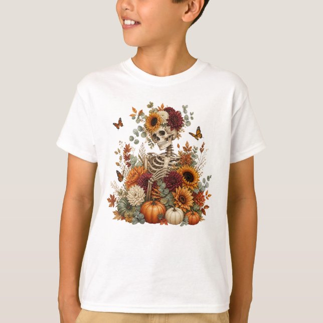 Camiseta Abóbora de Esqueleto Gótico Halloween  (Frente)