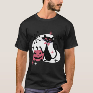 Camiseta Abóbora de Gato Preto Retro de Meados do Século Ha