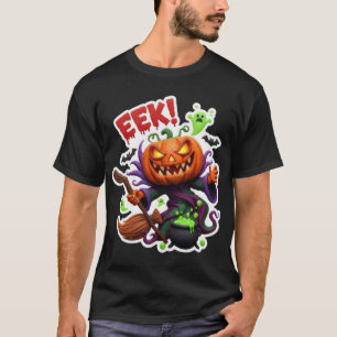 Camiseta Abóbora de Halloween assustadora bruxa com vassour